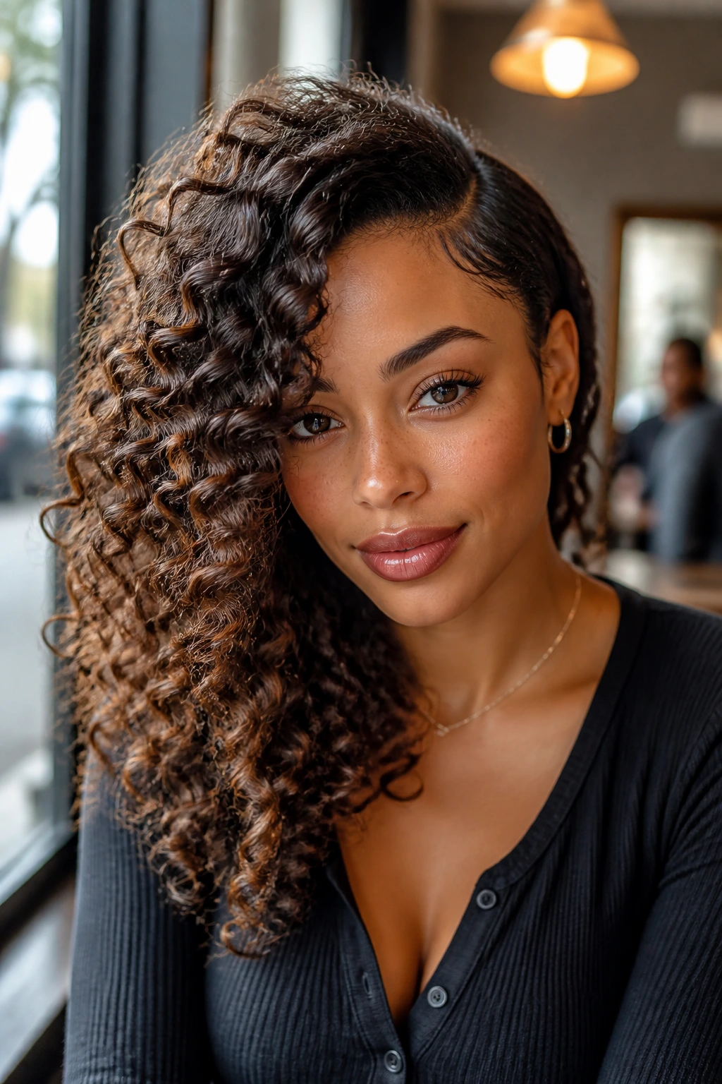 Portrait of a real woman with deep part and side-swept glamorous curls.