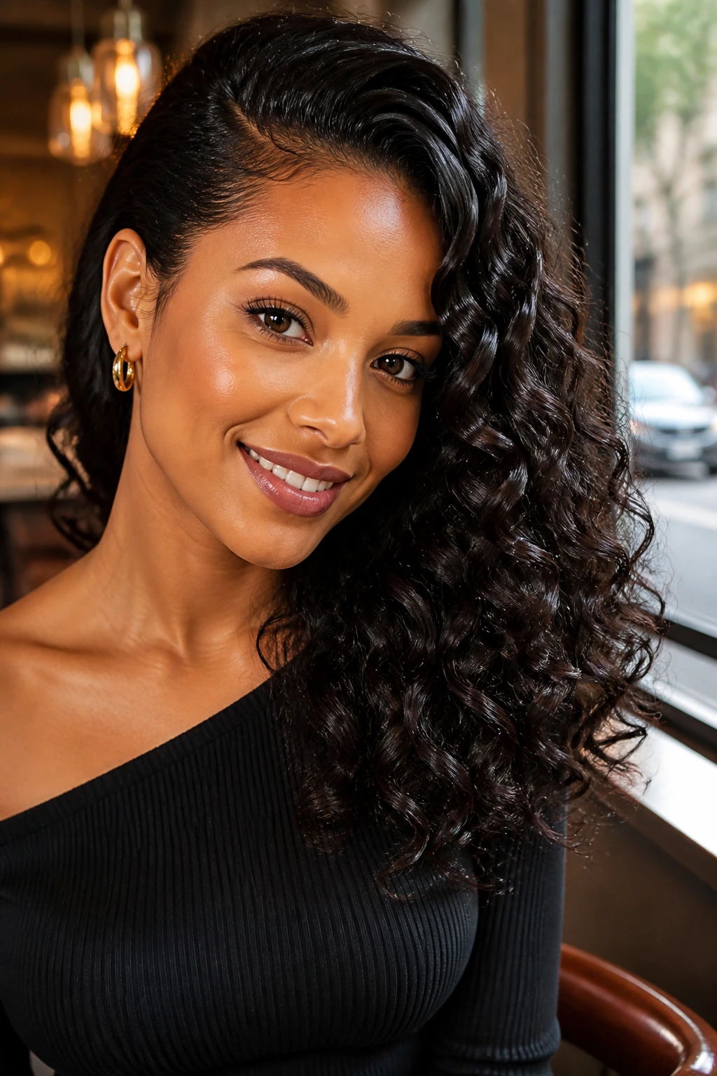 Close-up of a real woman with side-swept glamorous curls