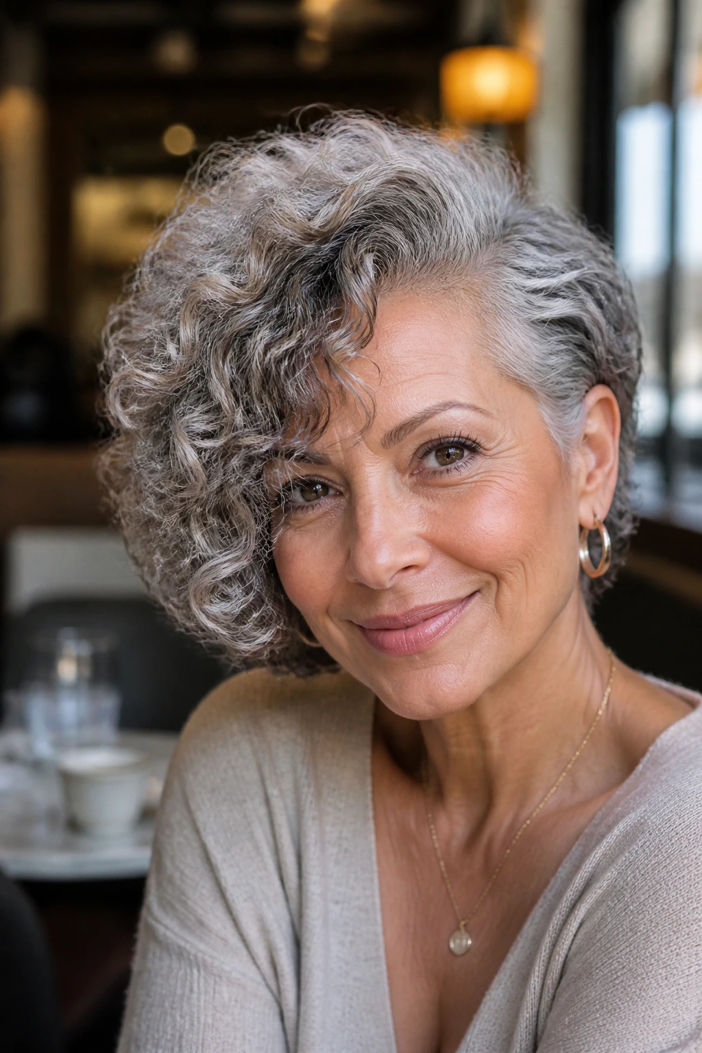 Close-up portrait of a real woman with side-swept curly glam cut