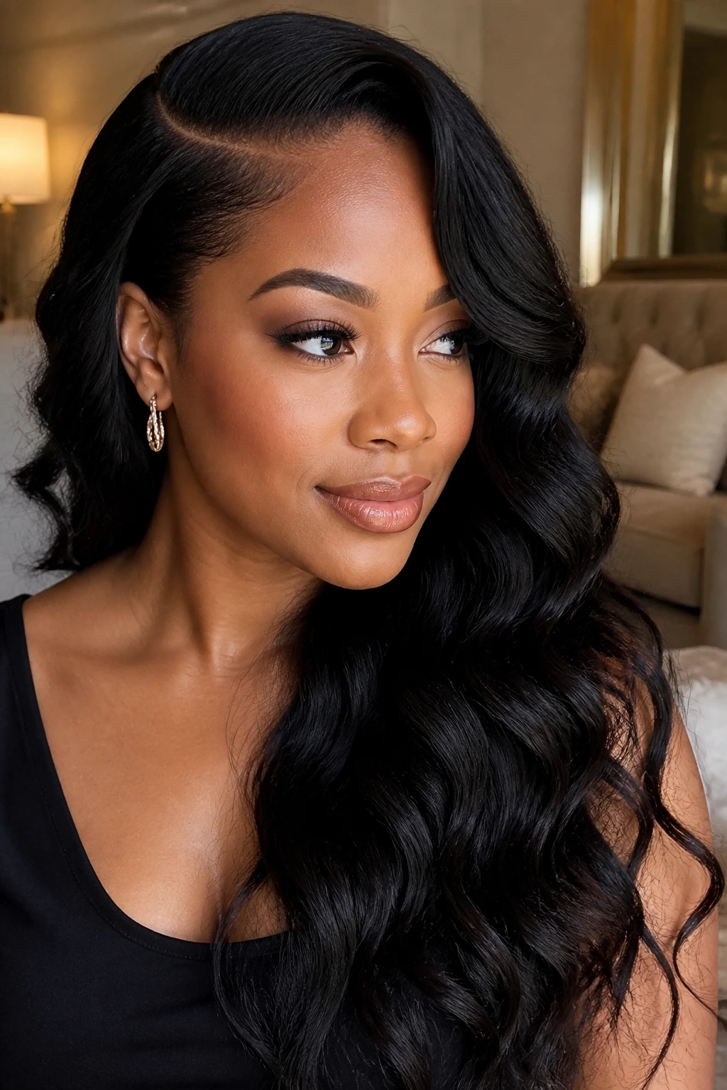 Close-up of woman with dramatic deep side-swept glam waves.