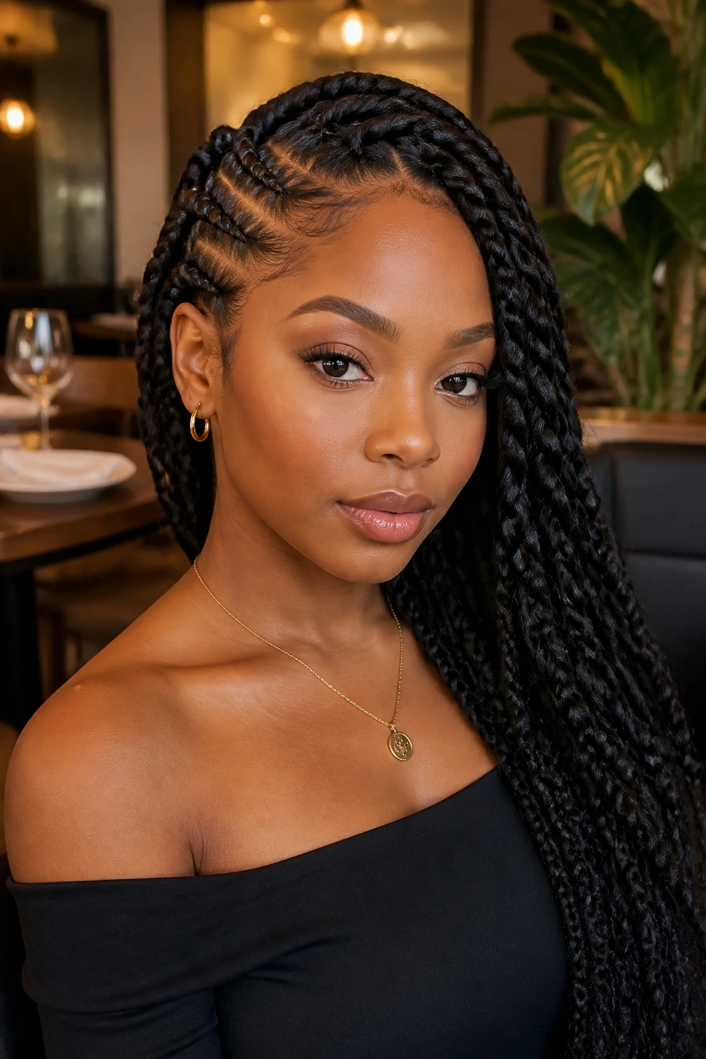 Side-swept goddess braids on a real person