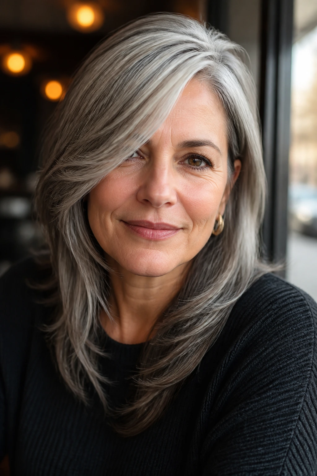 Close-up of a real woman with deep side part and side-swept gray layers