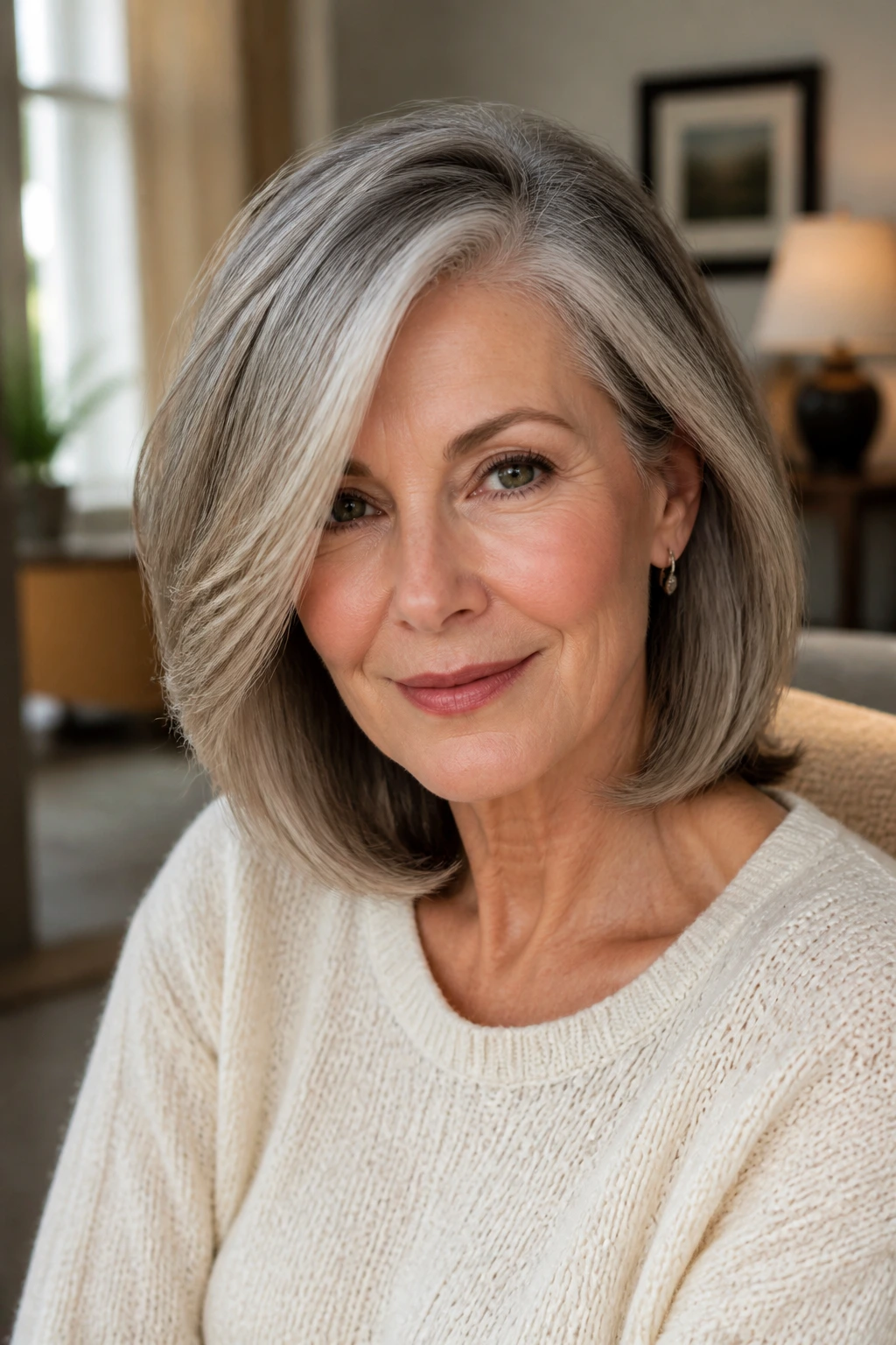 Close-up portrait of a real woman with side-swept shoulder-length hair in warm window light