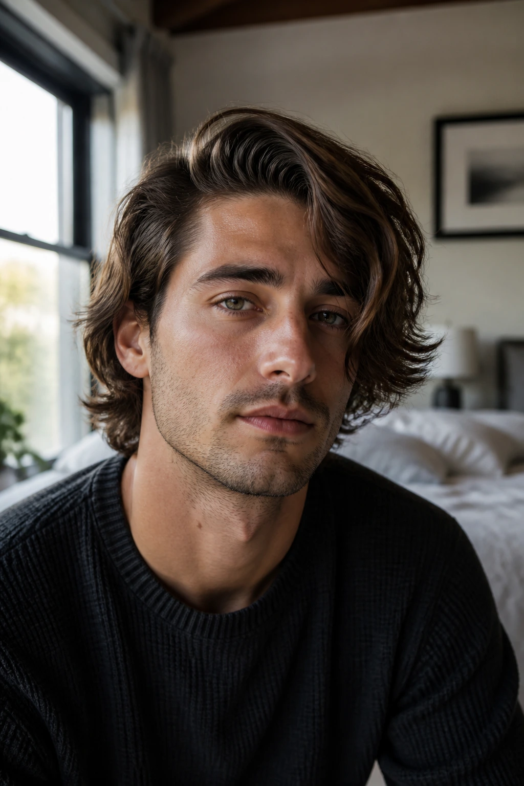Close-up of a man with side-swept medium-length wavy hair in a sunlit room