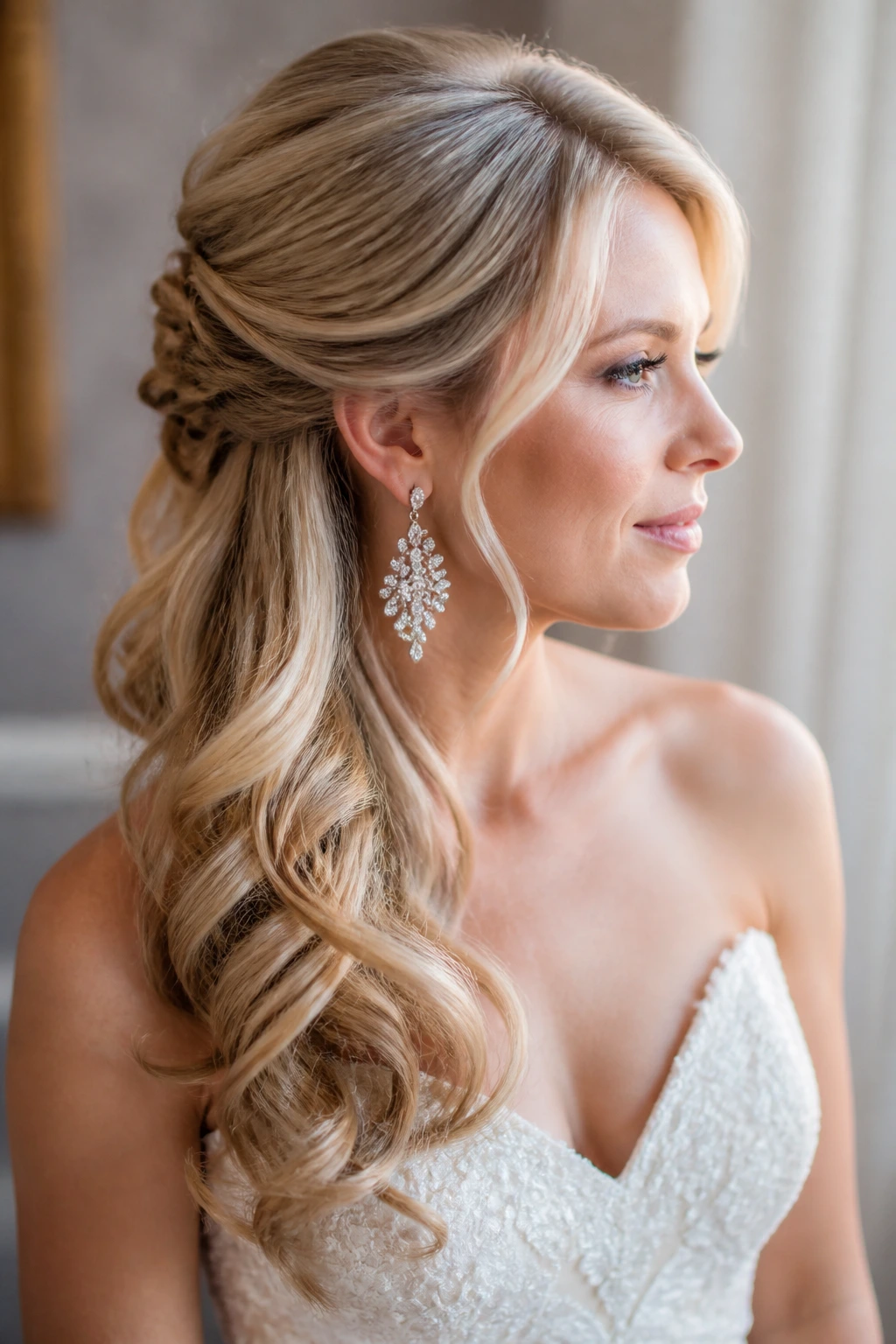 Side-profile of a bride with a side-swept half-up hairstyle.