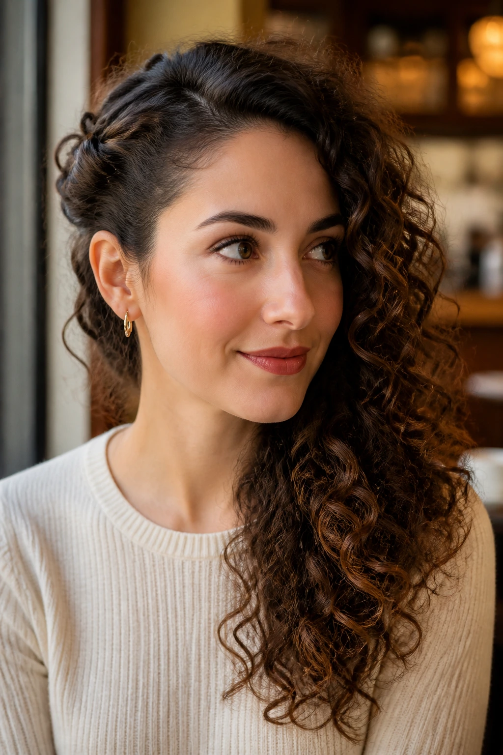 Close-up of real woman with side-swept half-up hairstyle