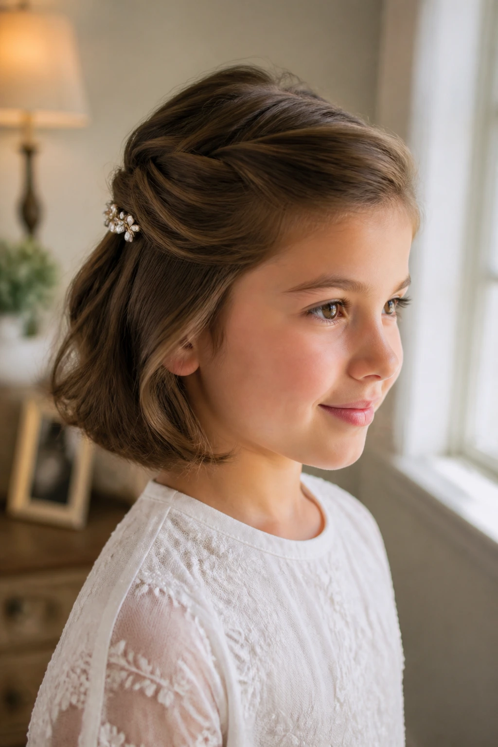 Portrait of a girl with short hair in a side-swept half-up style secured by a small clip.