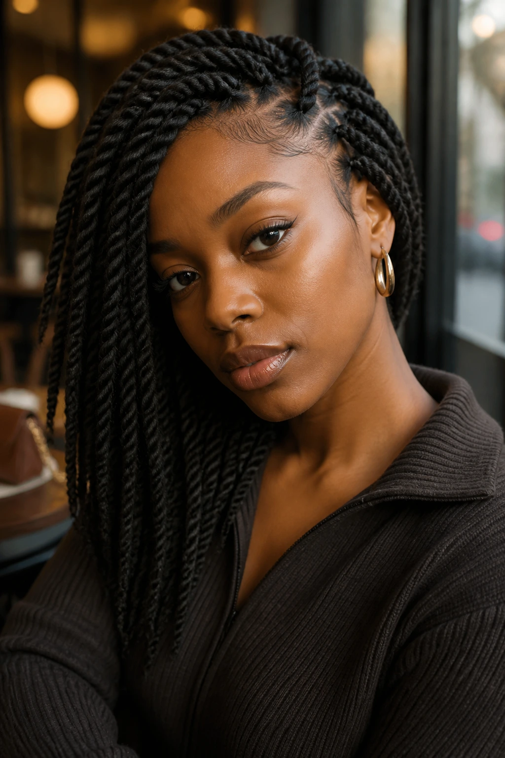 Close-up portrait of a real person with side-swept Havana twists by a cafe window