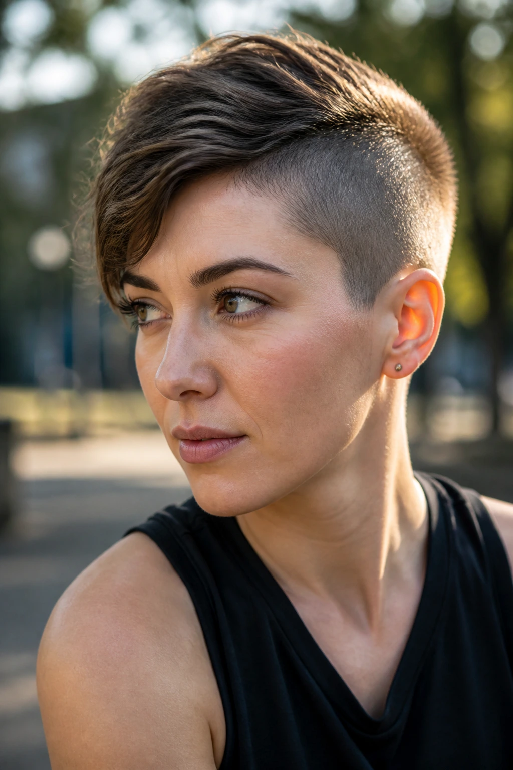 Close-up of a real person showing a side-swept hawk hairstyle in an urban park at golden hour