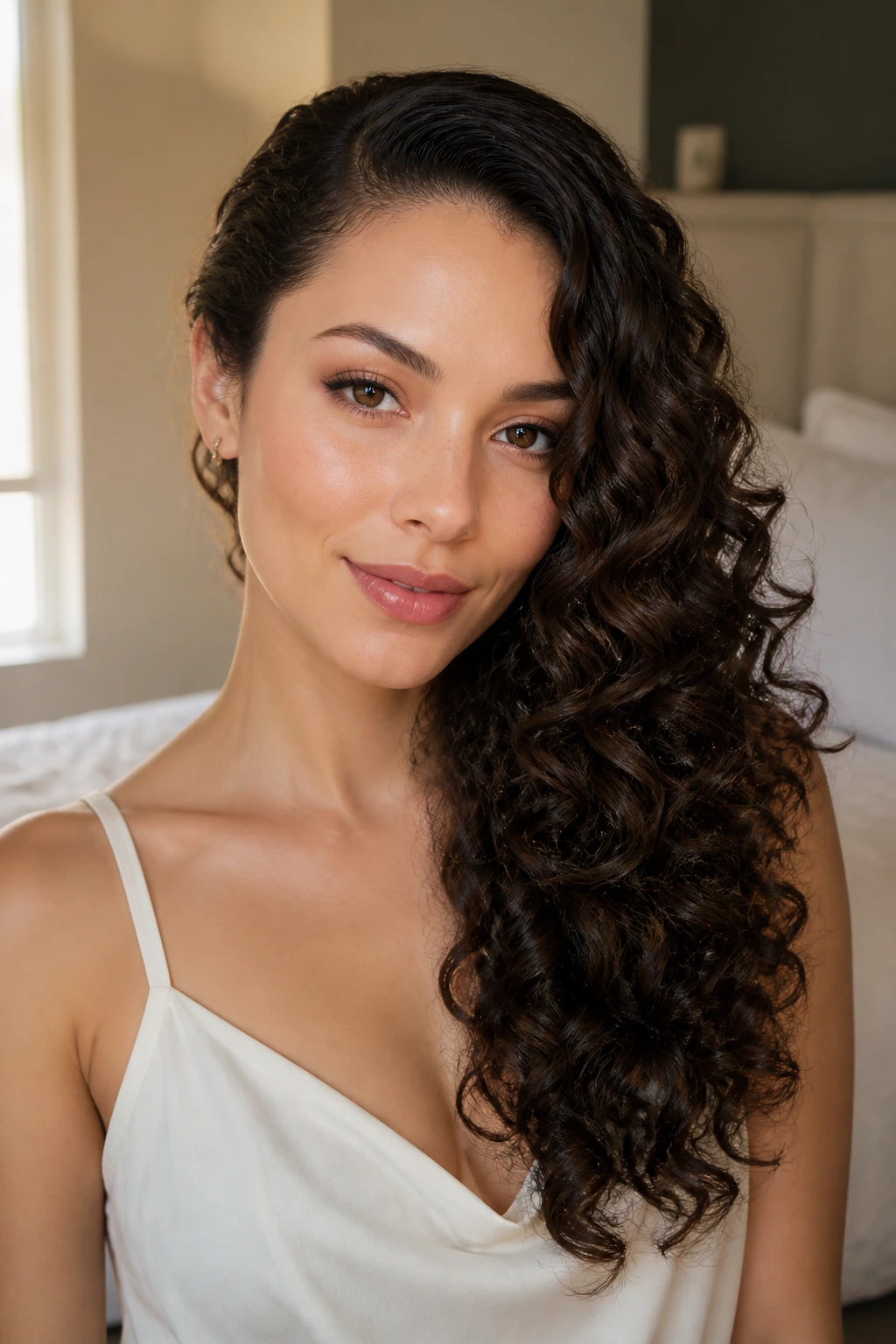 Close-up of a real woman's head with side-swept Hollywood curls.