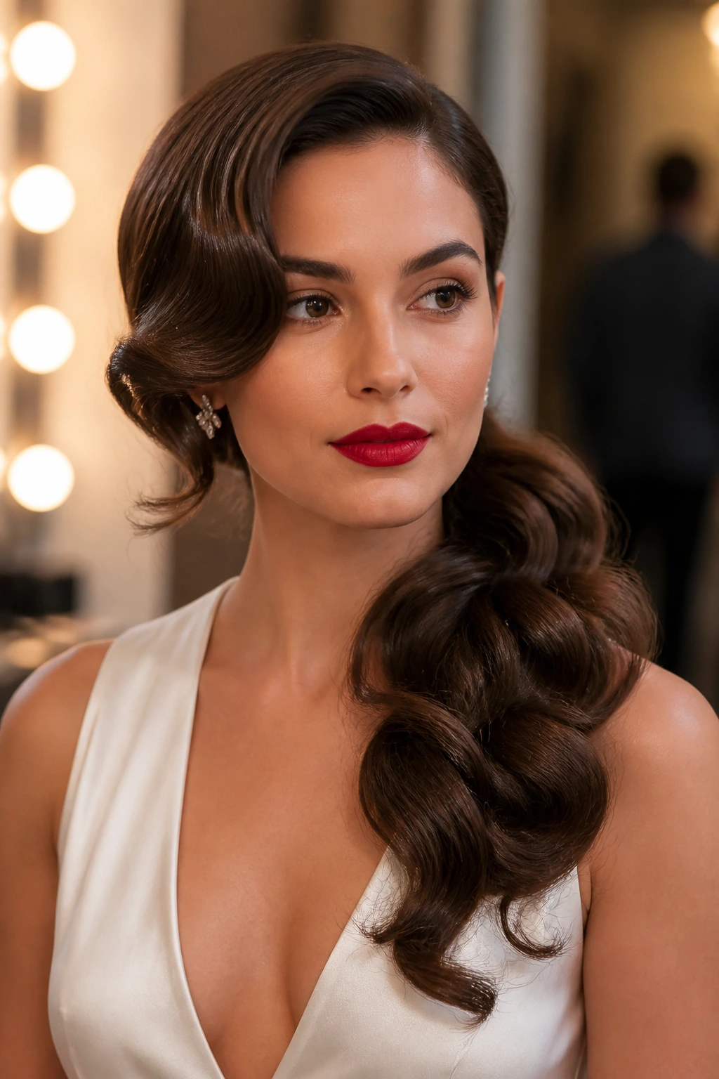 Portrait of a woman with side-swept Hollywood waves and a low ponytail