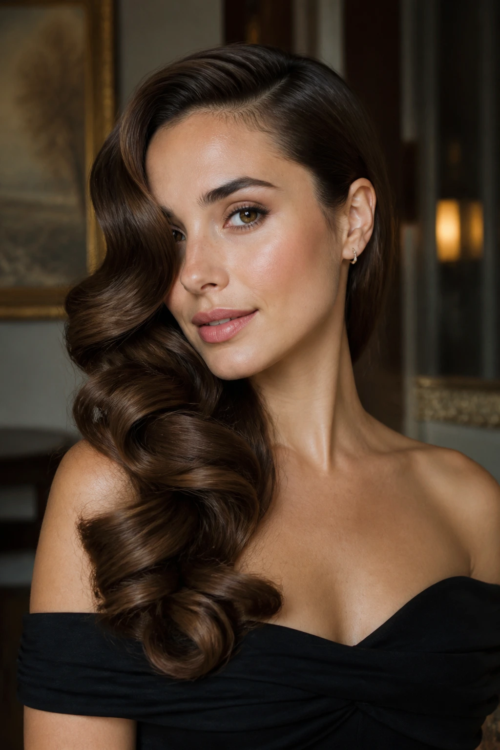Close-up portrait of a person with side-swept Hollywood waves
