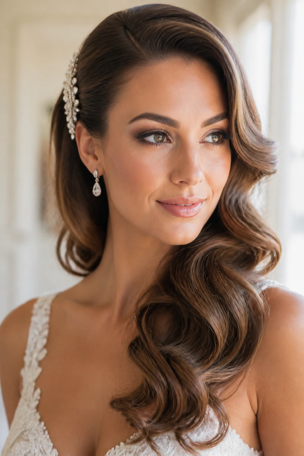 Close-up of a real bride with side-swept Hollywood waves
