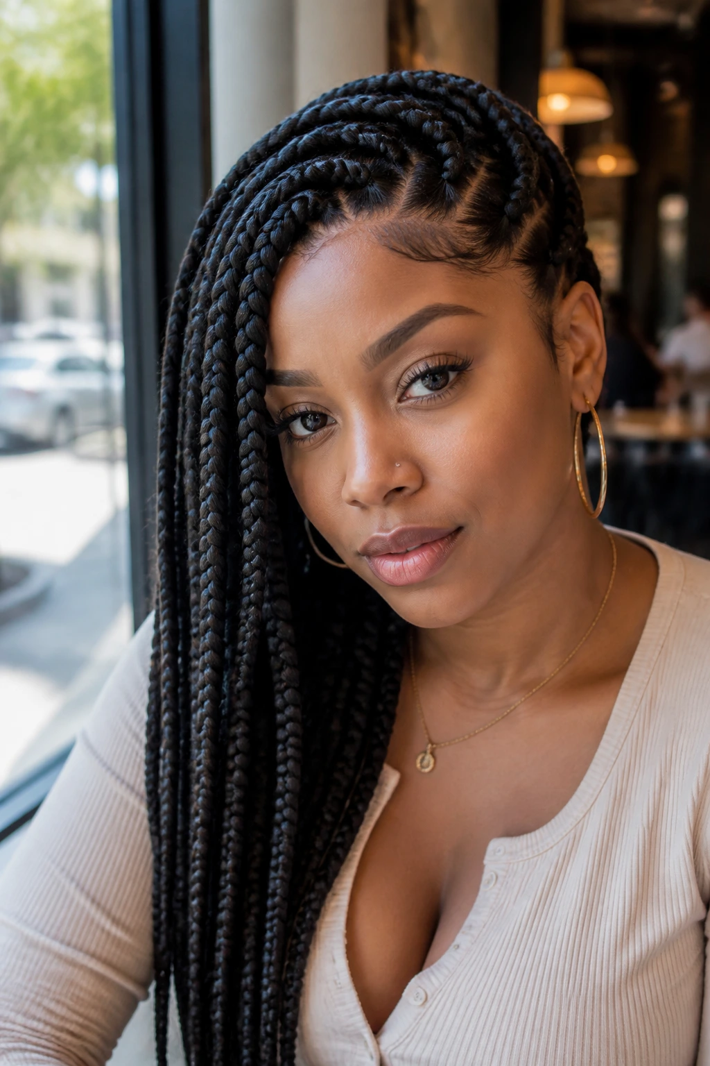 Portrait of a woman with side-swept jumbo box braids