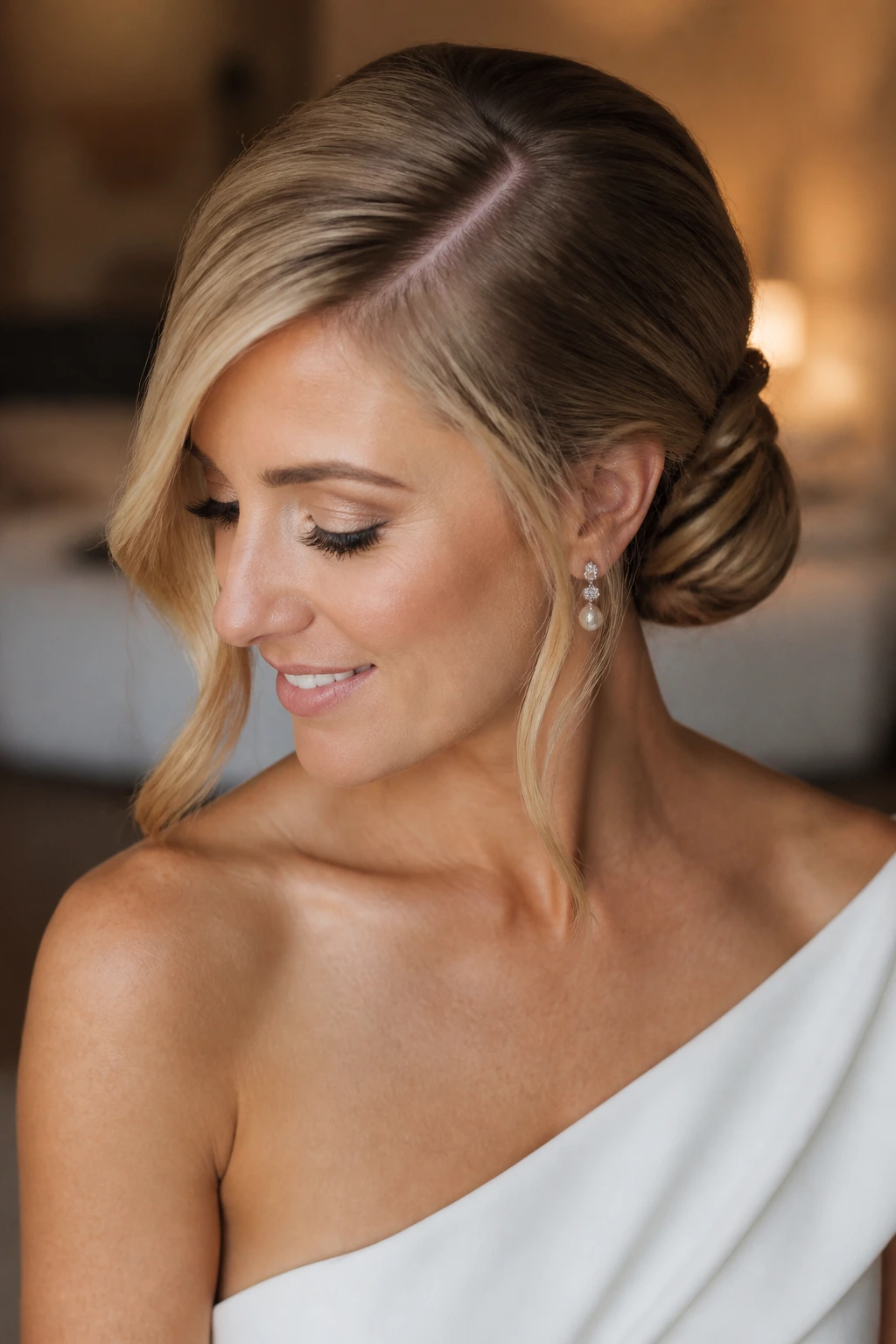 Close-up of a bride with a side-swept knot and deep part