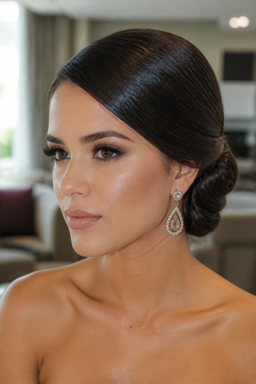 Close-up of a real woman with a sleek side-swept knot behind the ear.
