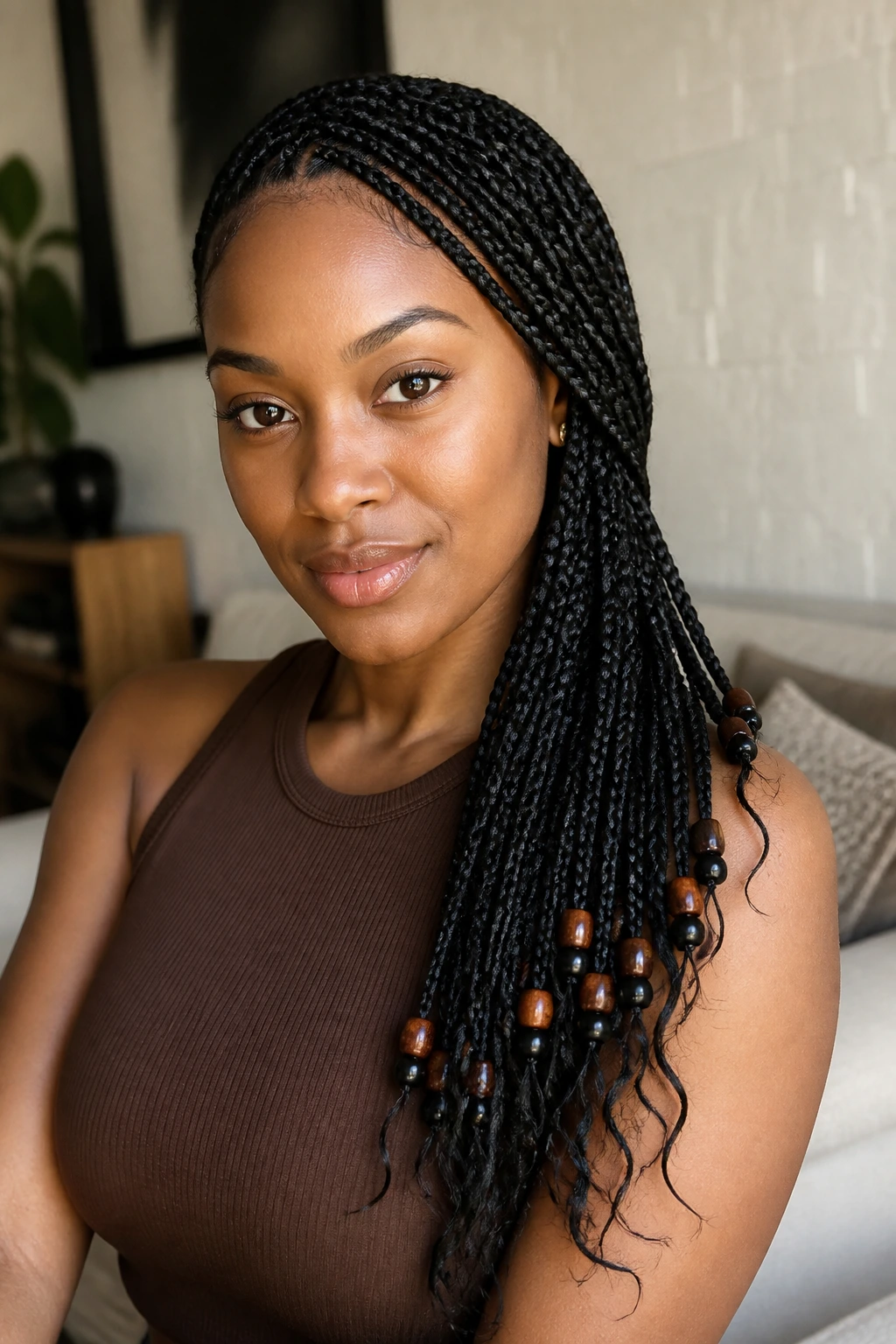 Woman with side-swept knotless braids cascading over one shoulder