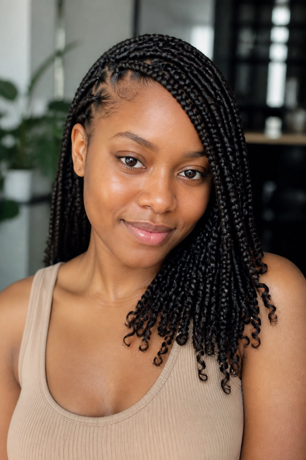 Medium-length side-swept knotless braids on real person