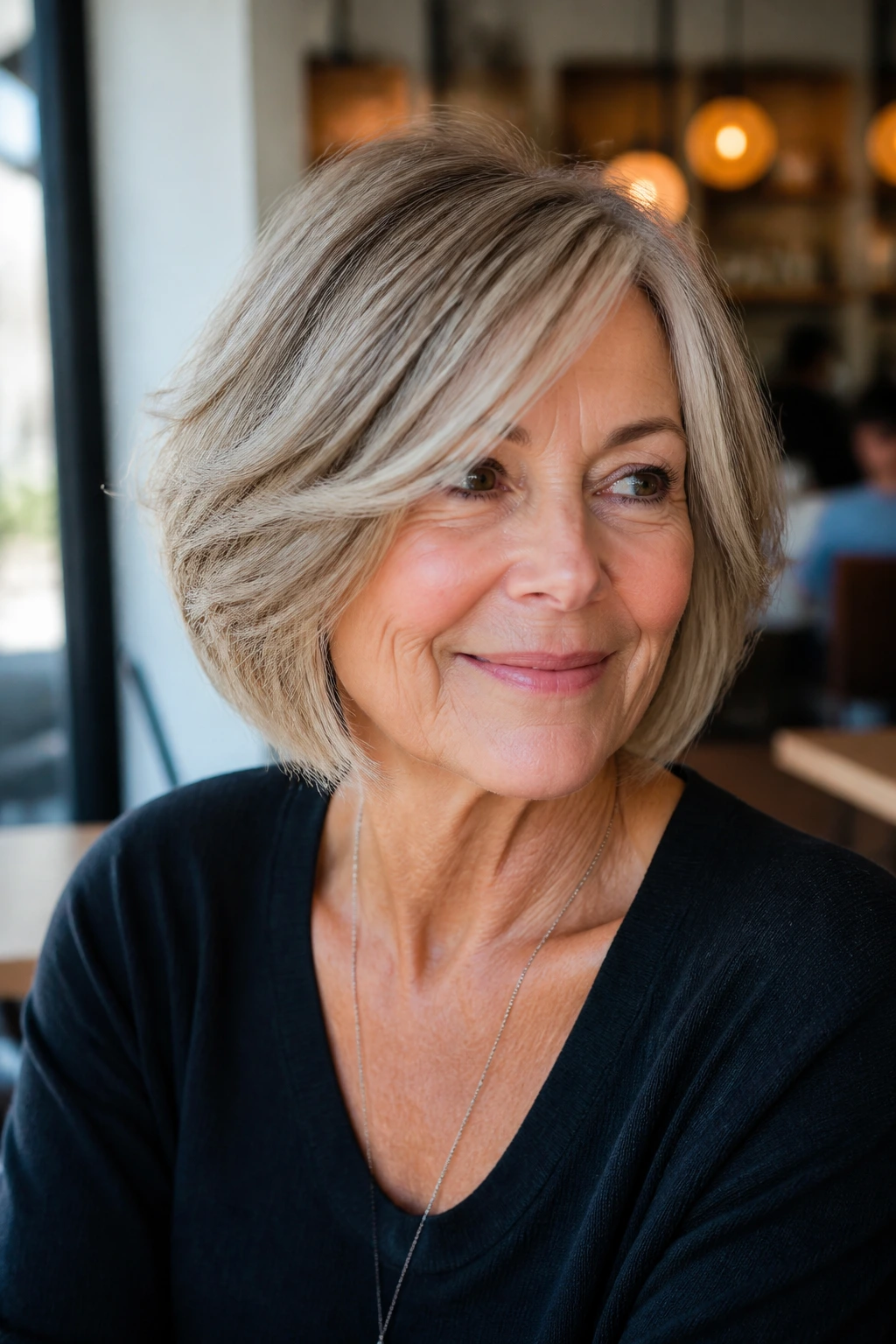 Real woman portrait with side-swept layered bob showing movement