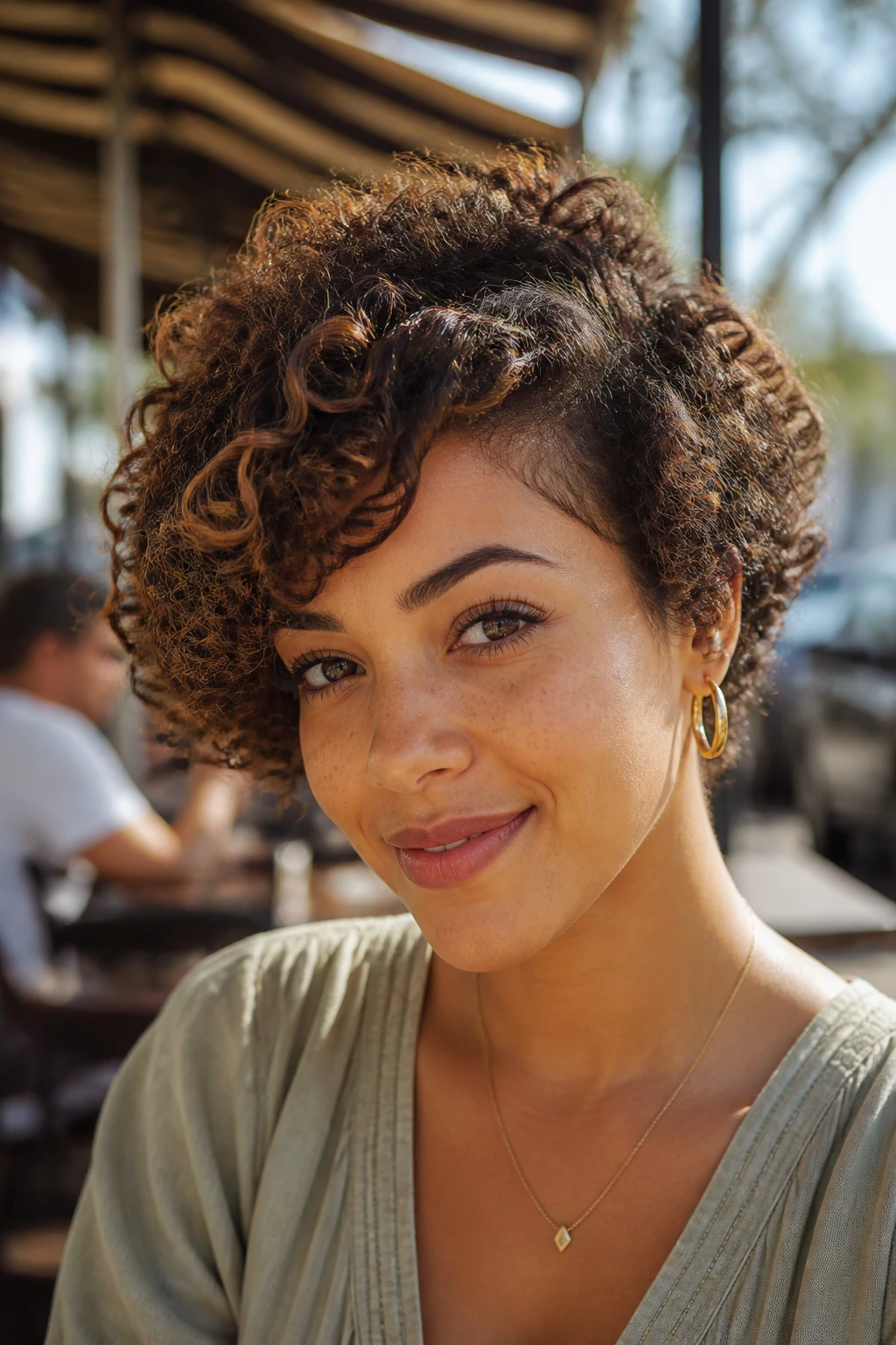 Close-up portrait of a real person with a side-swept layered crop and a soft forehead sweep outdoors.