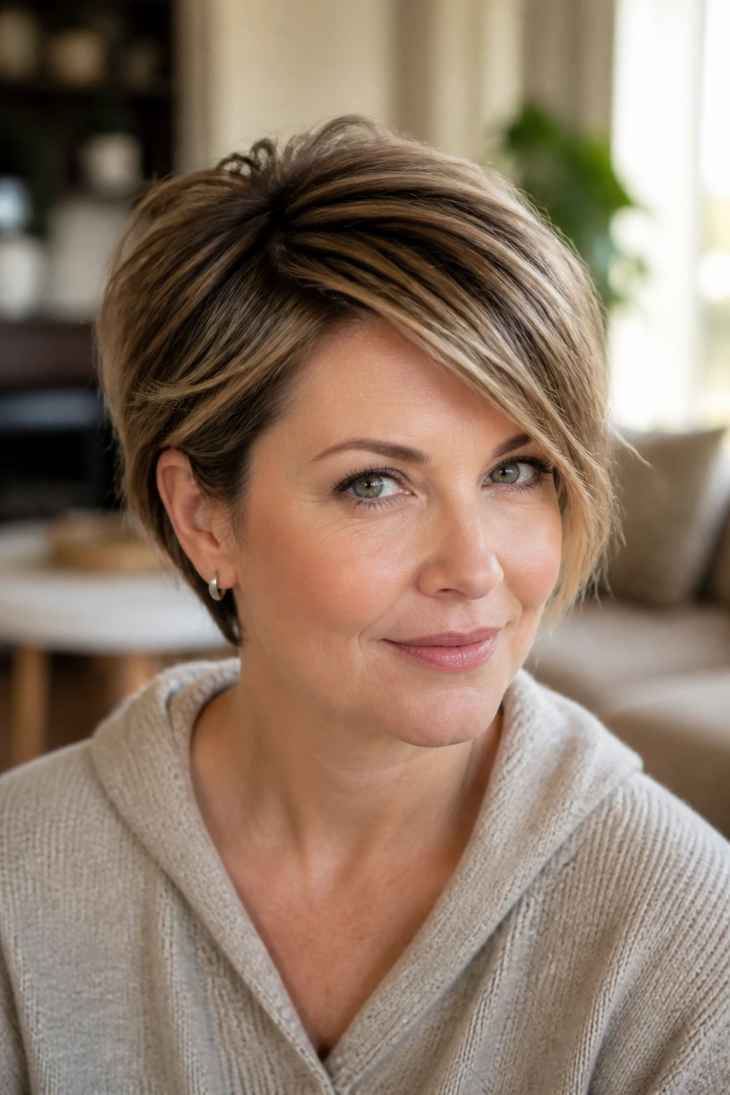 Portrait of a person with side-swept layered crop hairstyle.