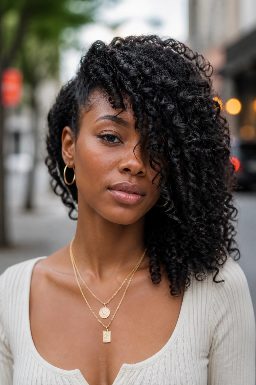 Close-up portrait of a real person with a side-swept layered curl hairstyle
