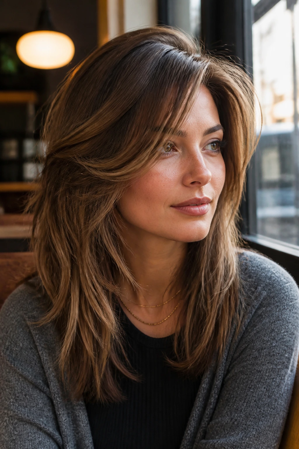 Portrait of a real person with side-swept layers and curtain bangs