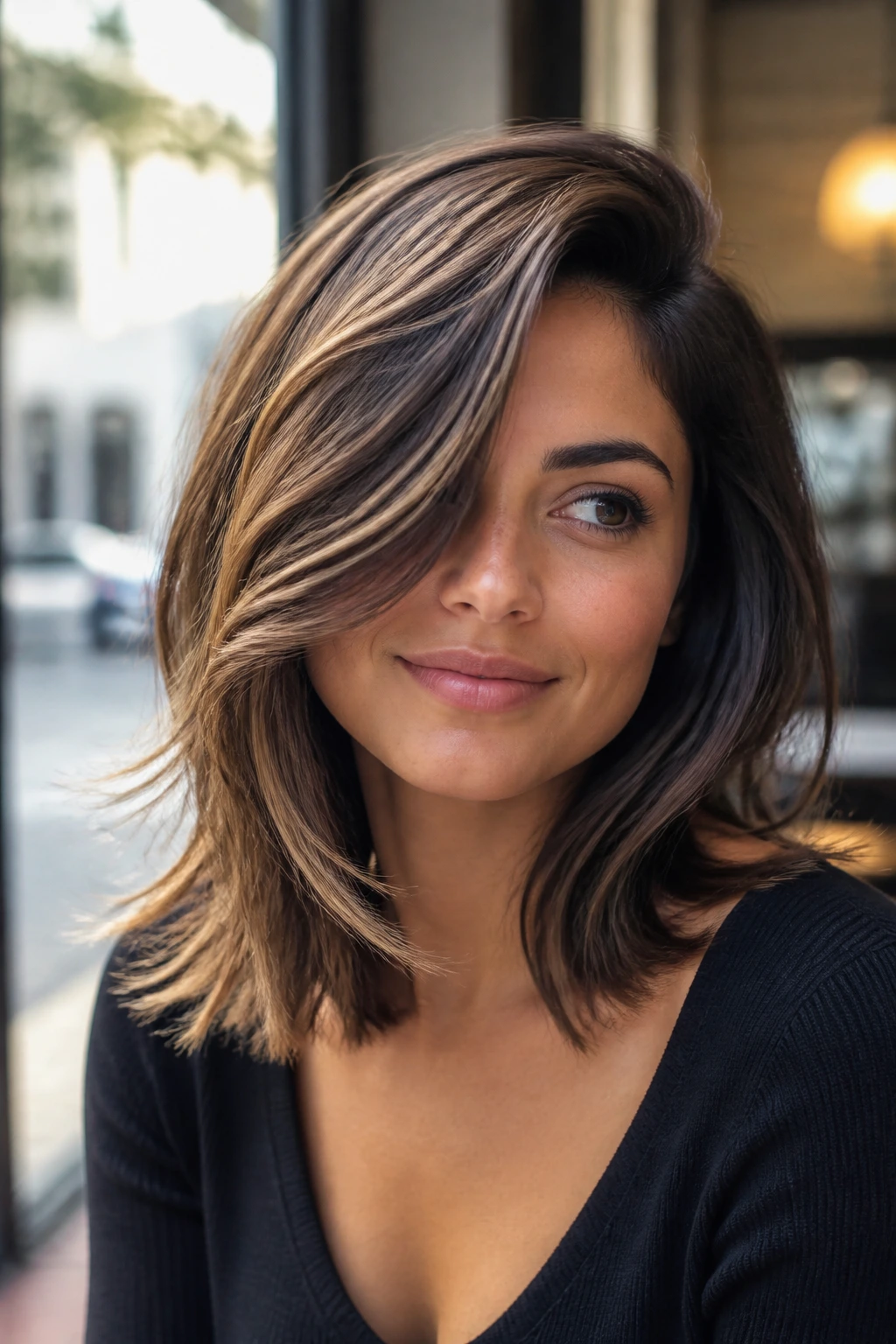 Portrait of a real woman with a deep side part and side-swept layers