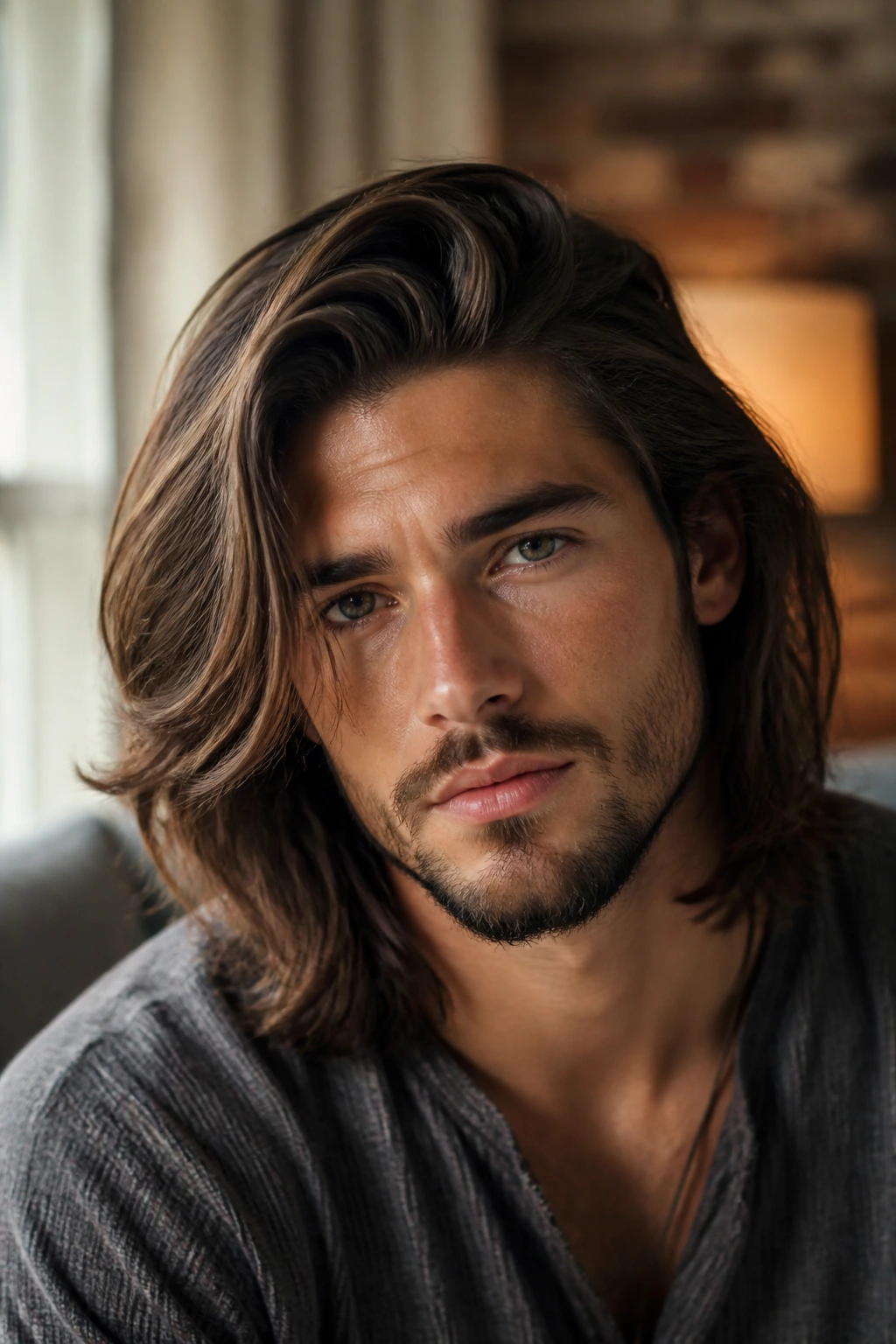 Close-up of a man with side-swept layered long hair under natural window light
