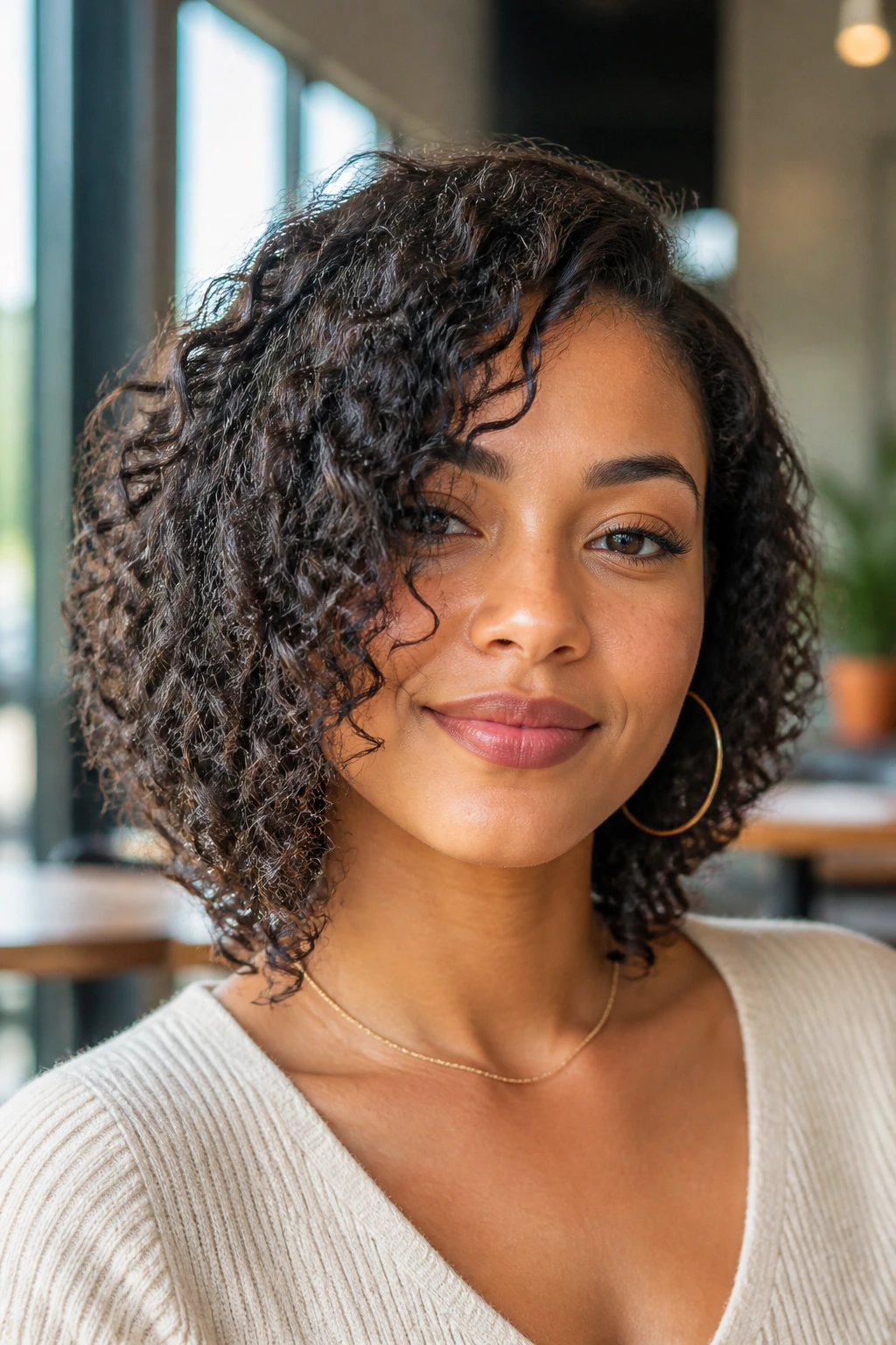 Close-up portrait of a real person wearing a side-swept lob dipping below the jaw.