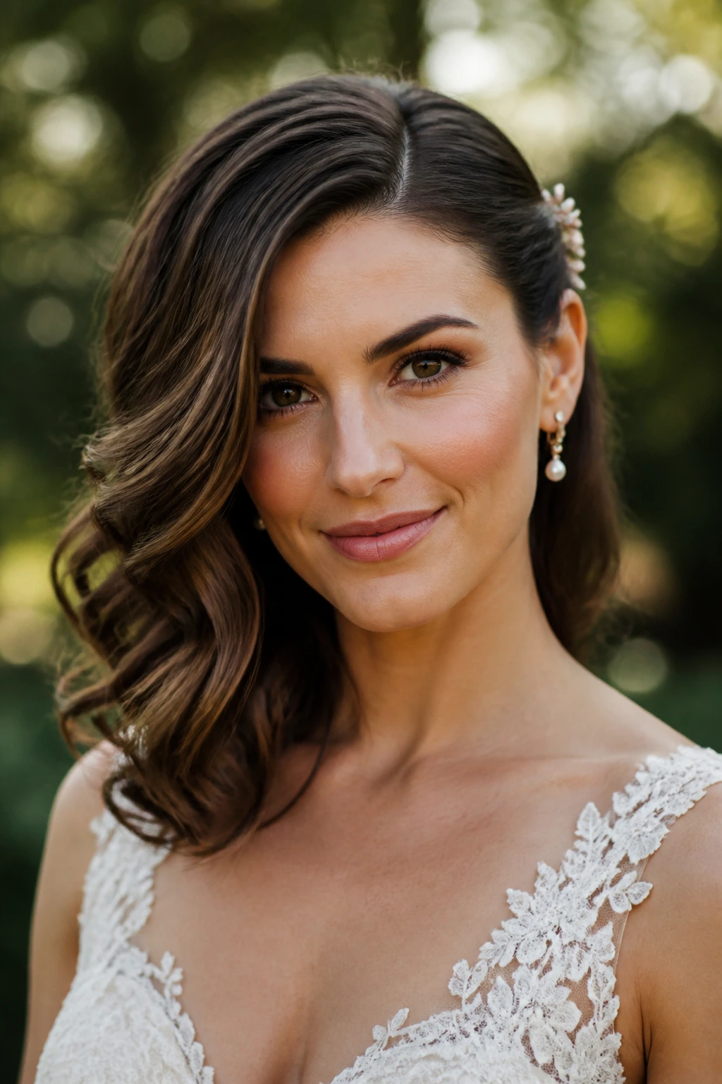 Bride with side-swept curled lob in sunlit setting