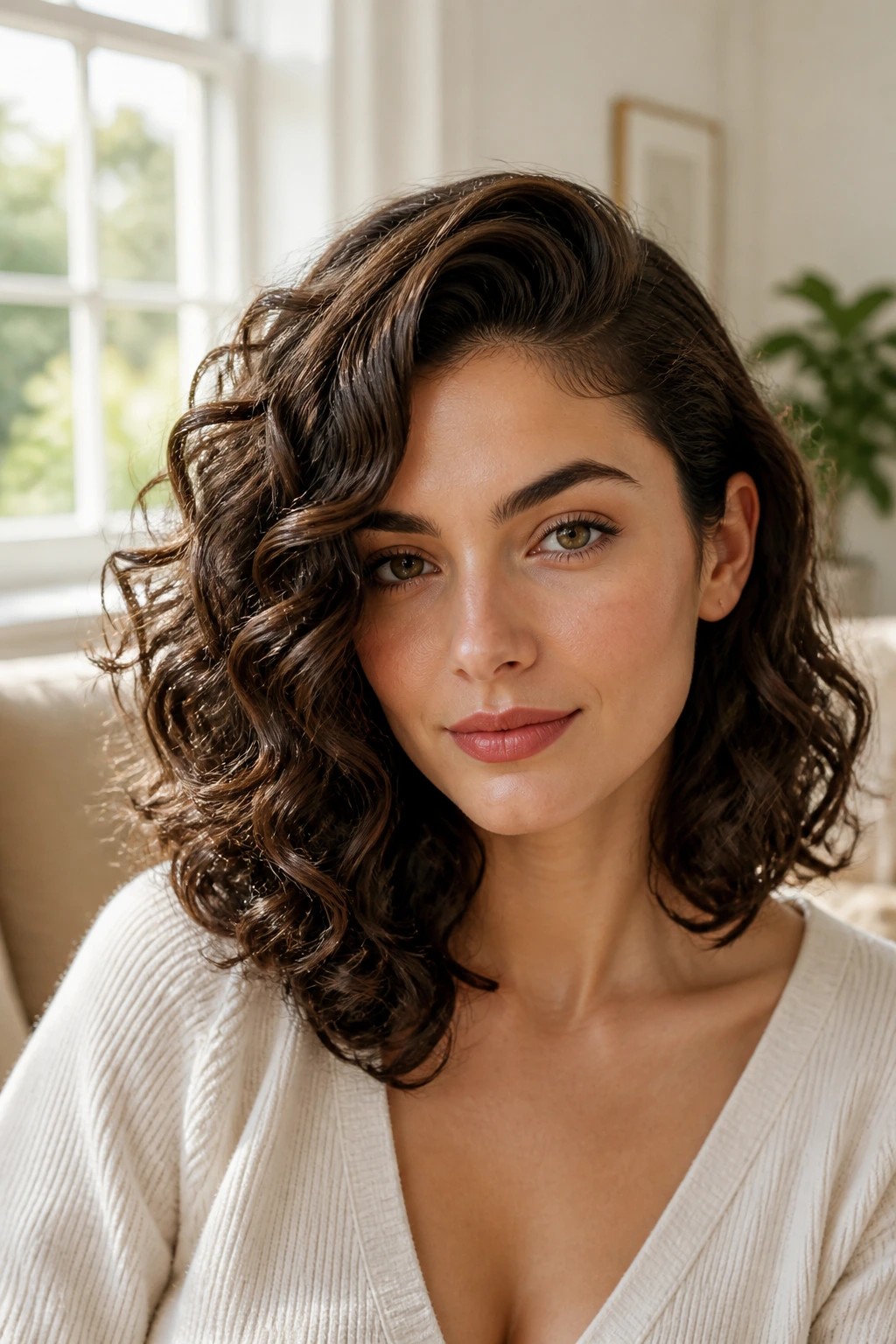 Medium close-up of a woman with a side-swept curly lob