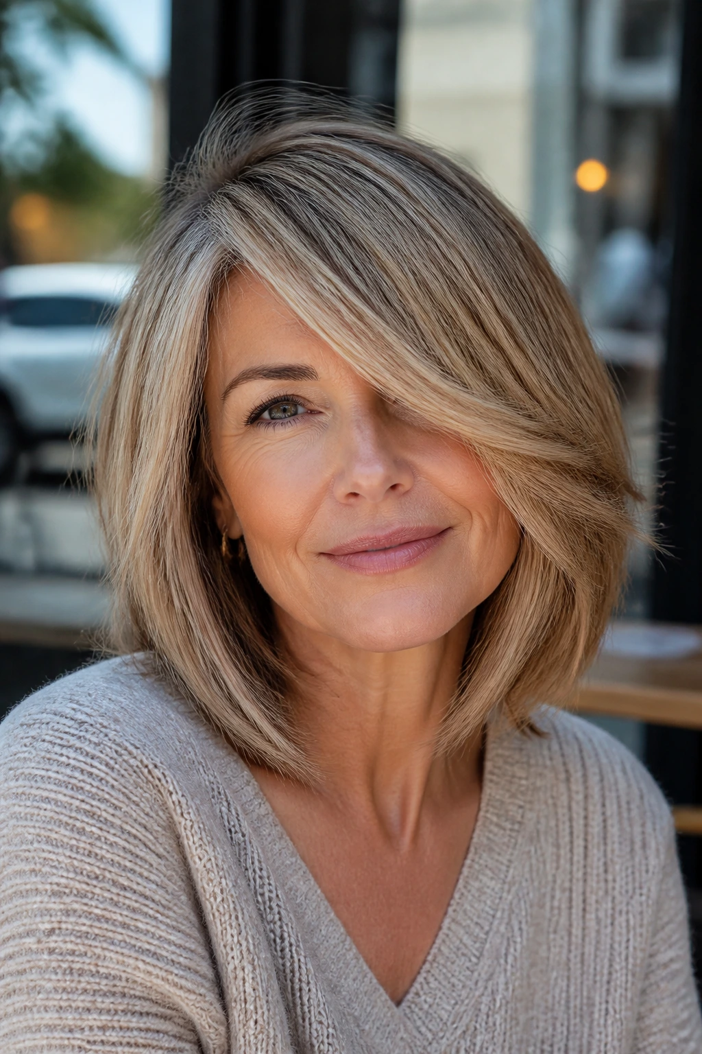 Close-up of woman with side-swept layered lob in cafe window light