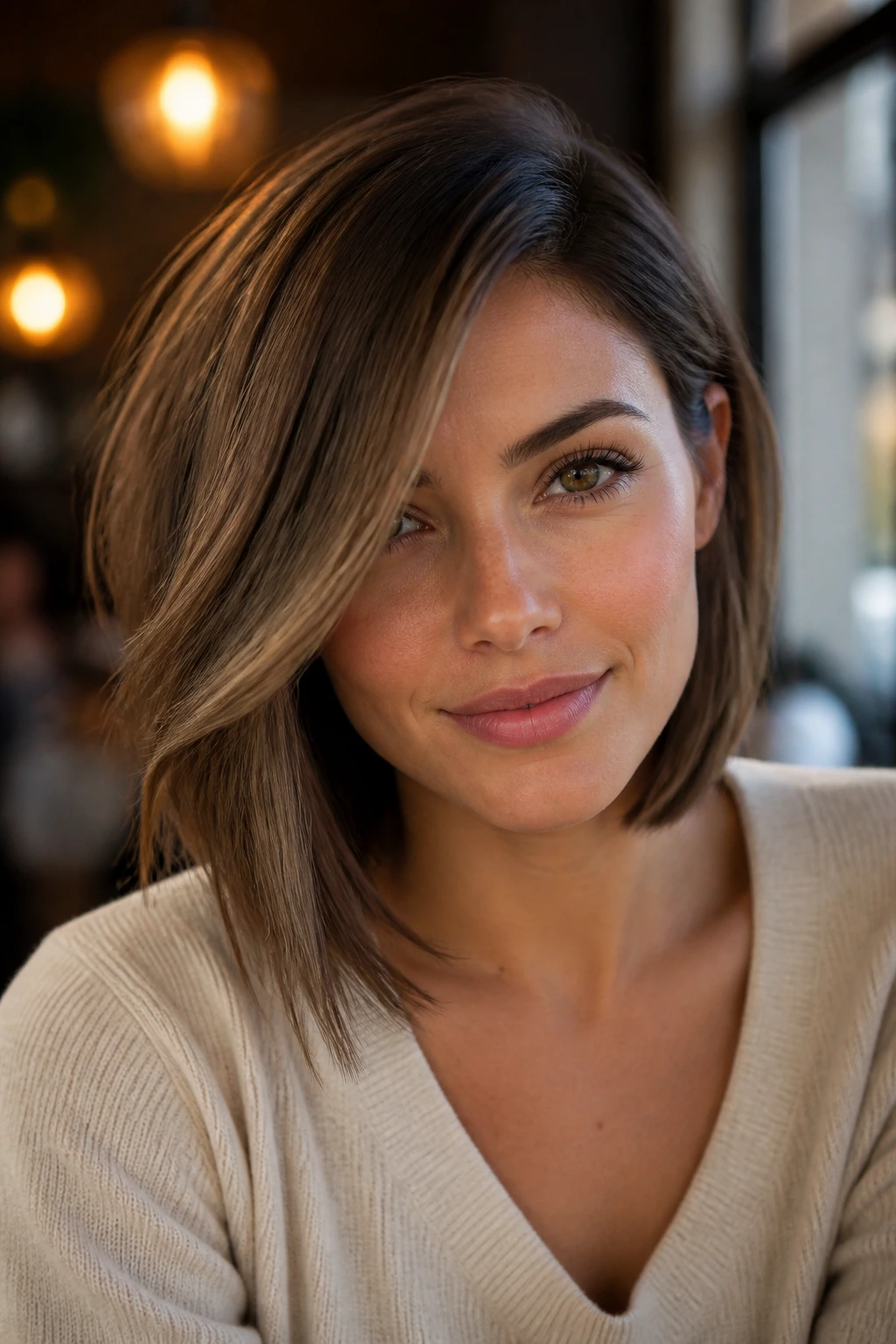 Close-up of a real woman with a side-swept lob sweeping diagonally across her face