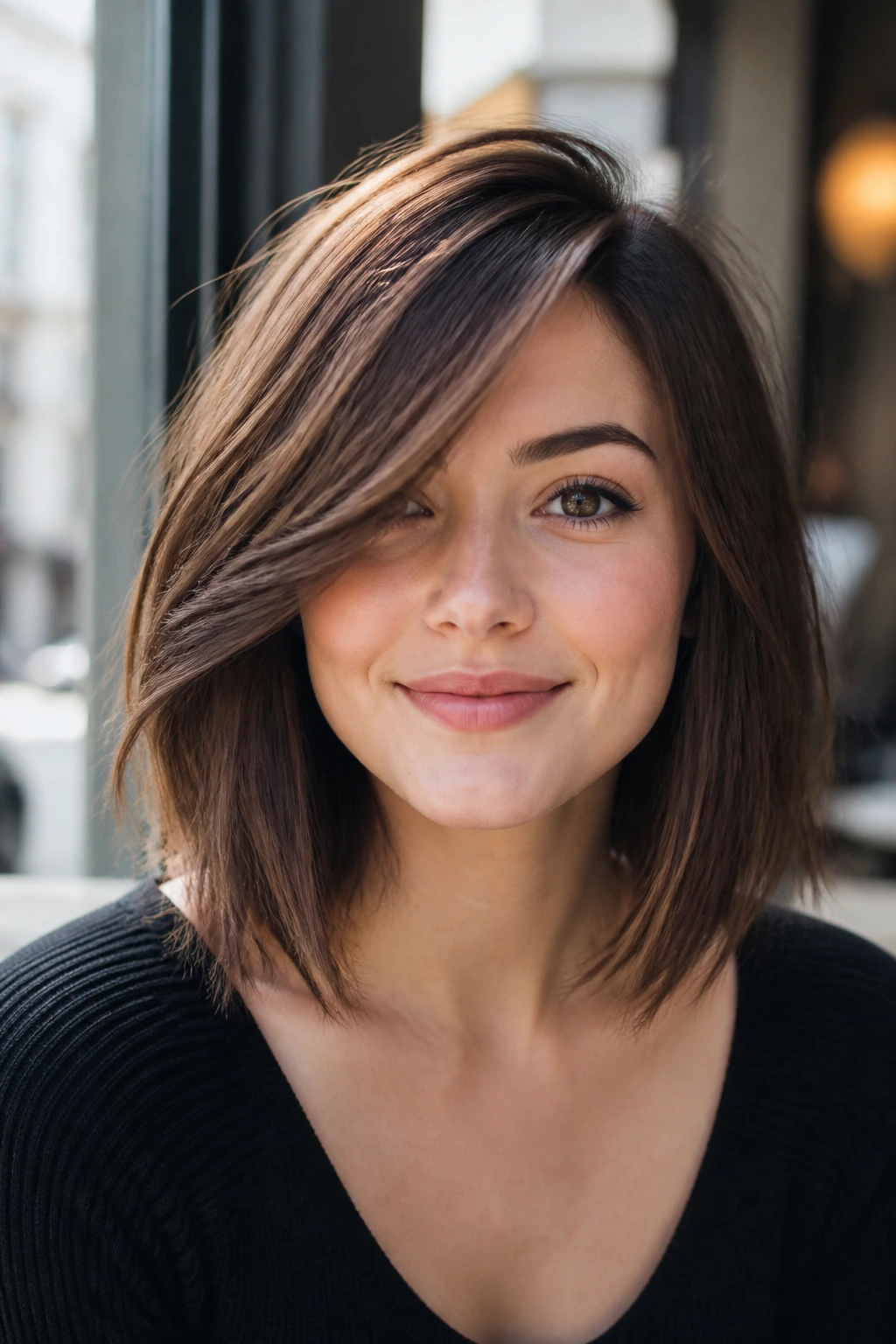 Close-up portrait of a real woman with a side-swept lob and crown lift