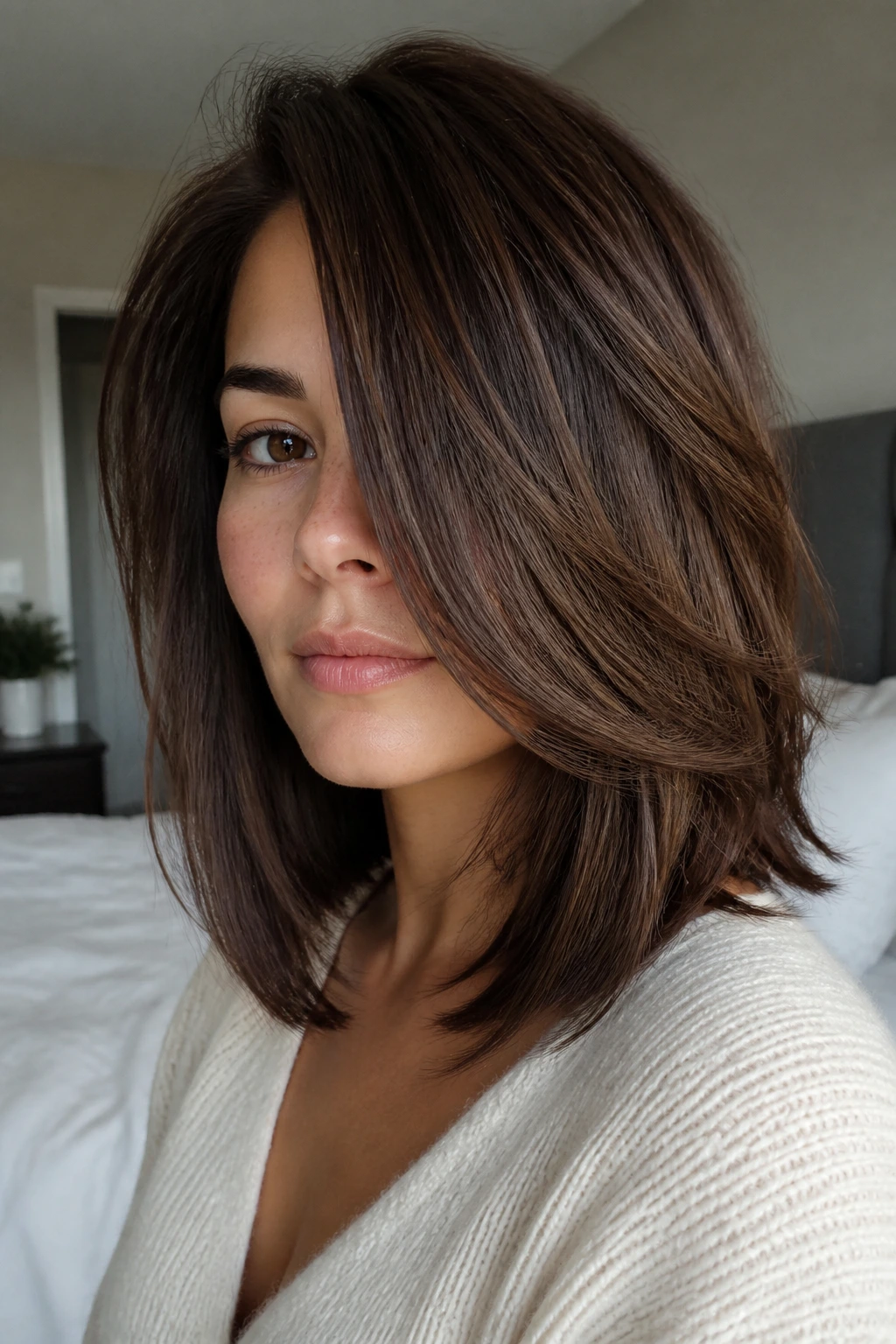 Close-up of a real woman with a side-swept layered lob that softens the hairline