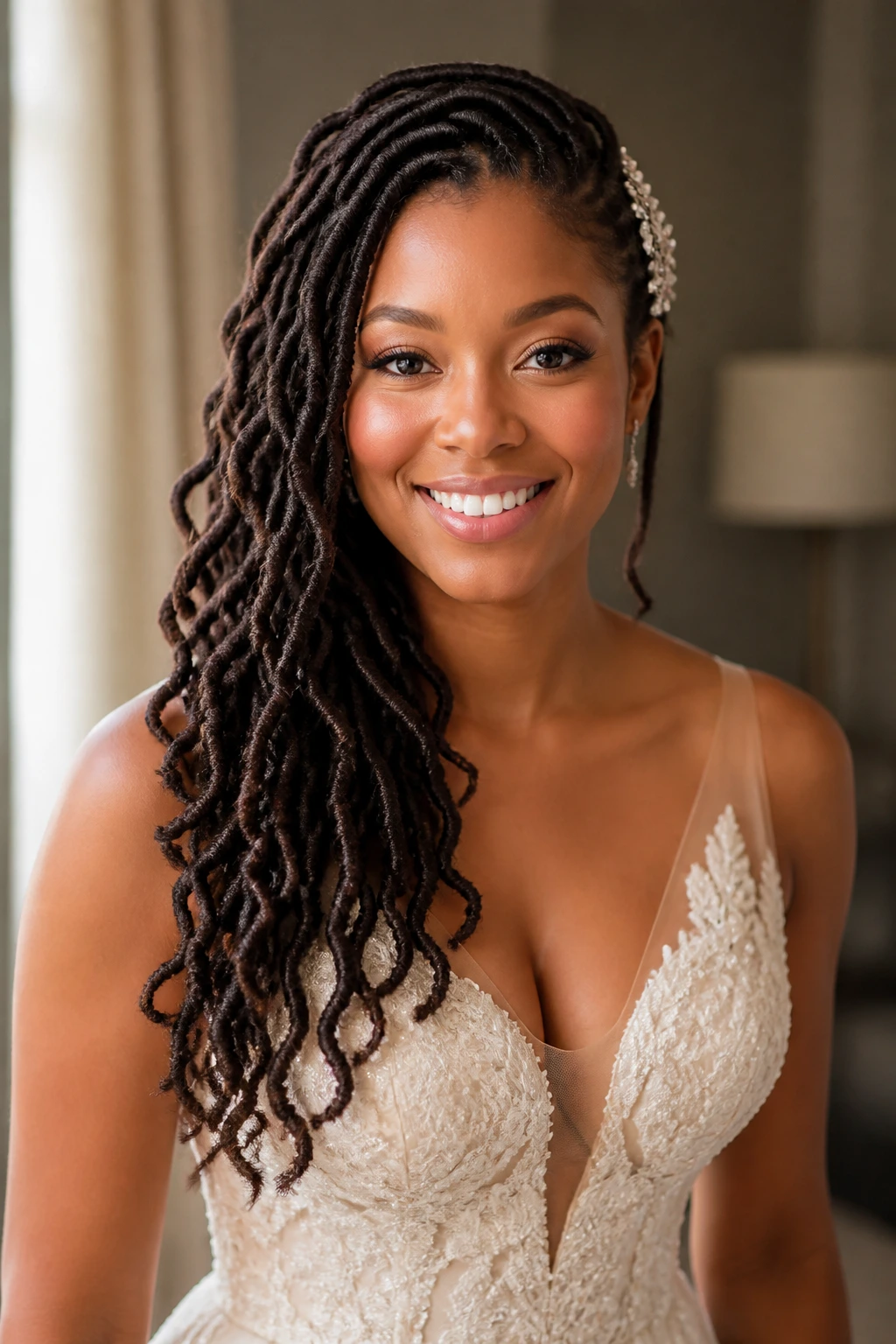 Side-swept loc cascade over one shoulder on a real bride