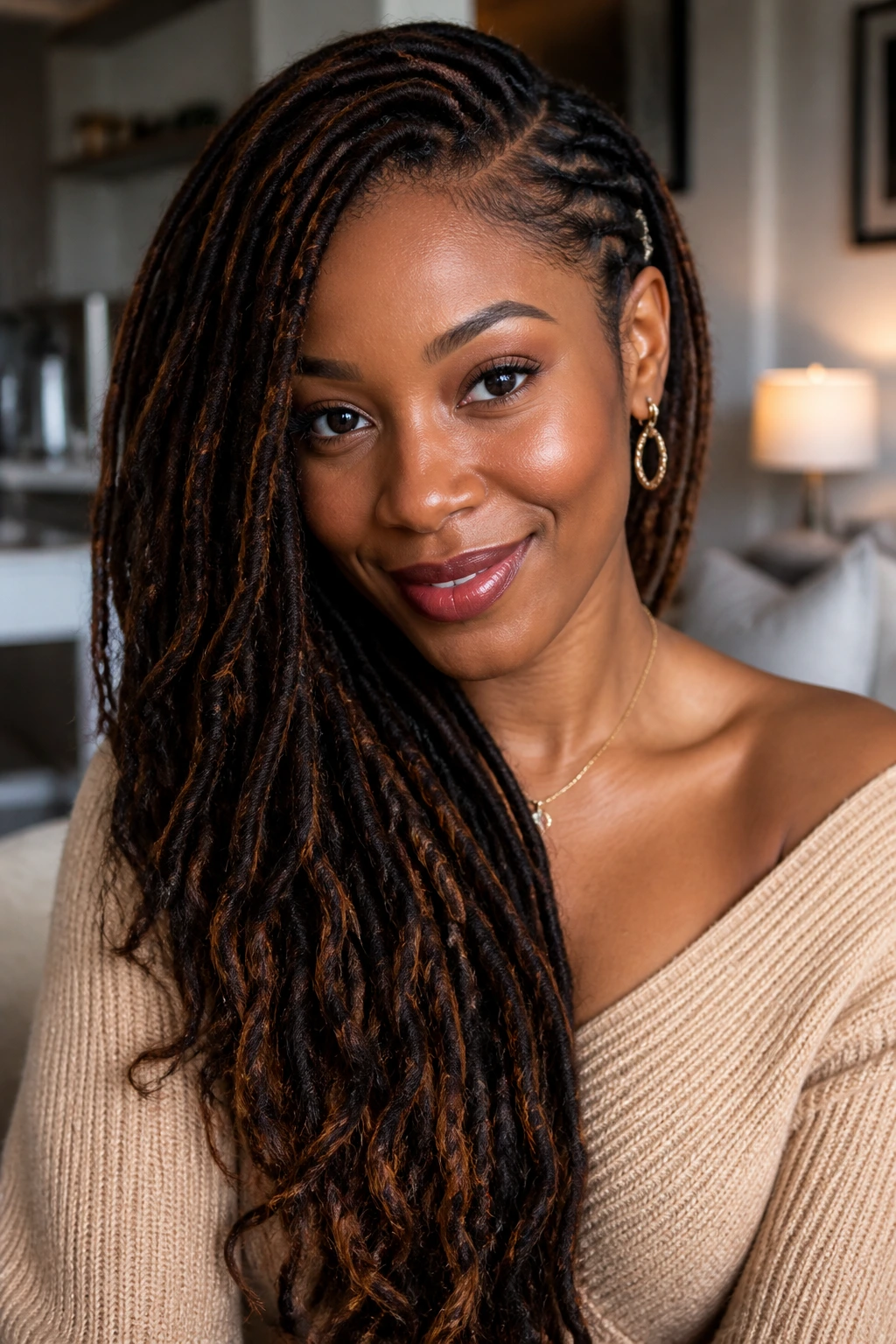 Close-up of a real woman with locs cascading over one shoulder, one side tucked behind the ear