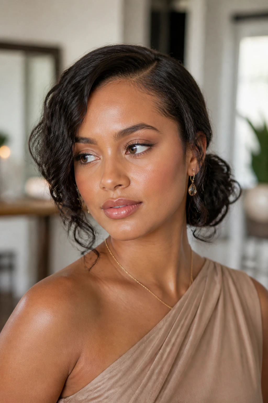 Close-up of a real woman with a deep-part side-swept low bun