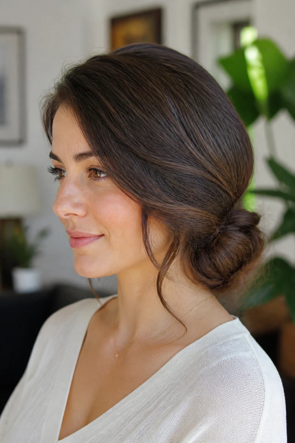 Close-up portrait of a real woman with a side-swept low bun at the nape.