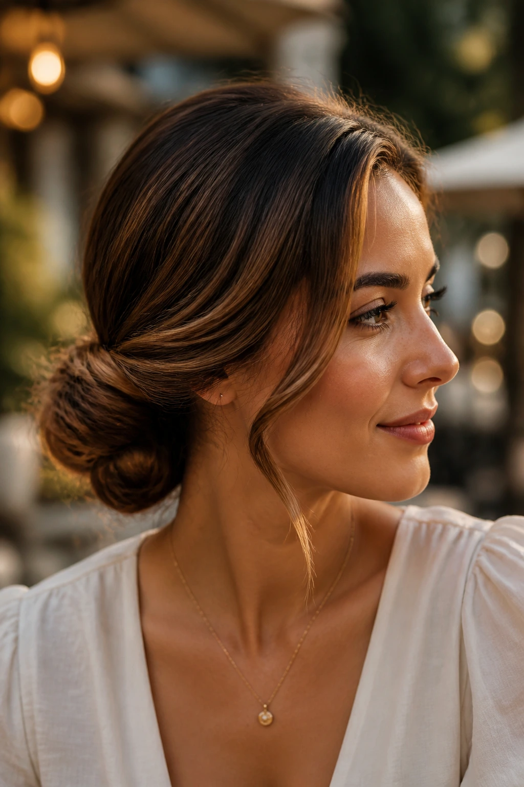 Close-up of a real woman with a side-swept low bun on shoulder-length hair outdoors