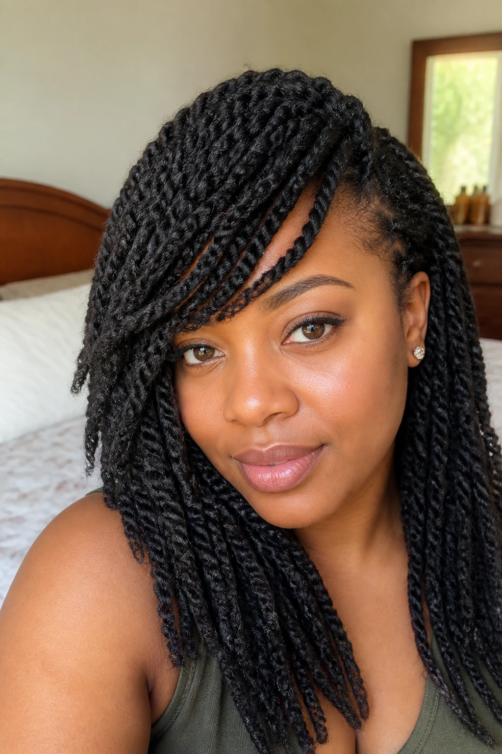 Close-up of side-swept Marley twists with fringe on a real woman in warm daylight