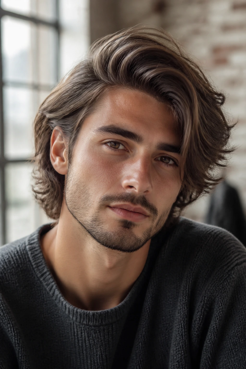 Close-up portrait of a man with side-swept medium layers.
