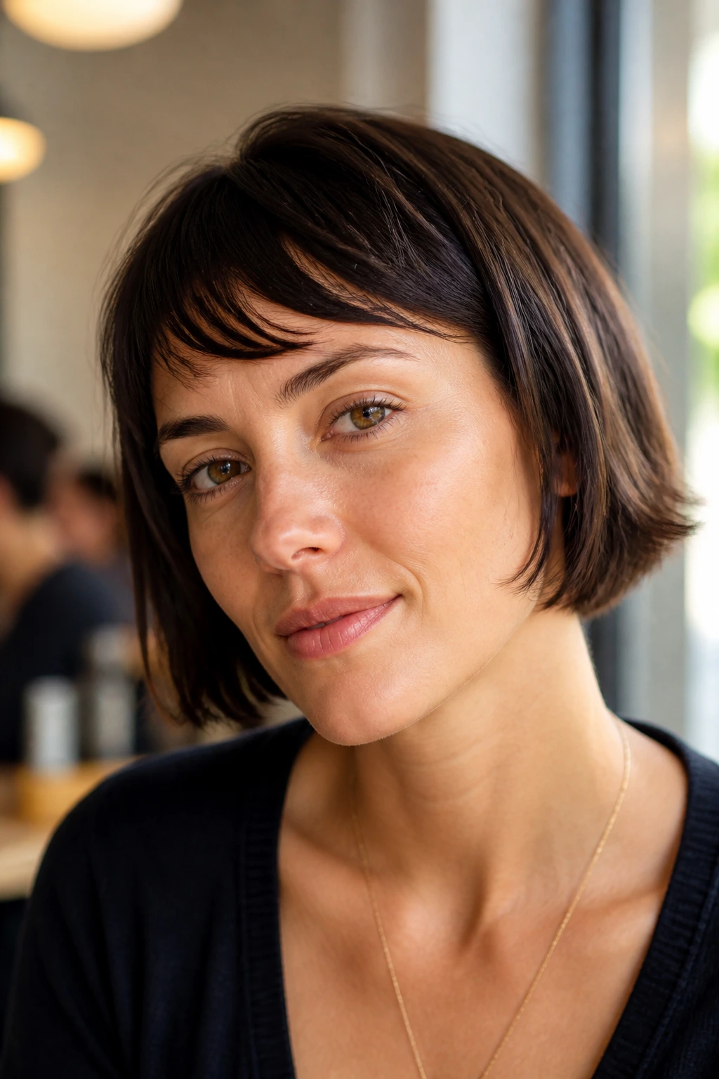 Portrait of a woman with side-swept micro-wisps on a French bob