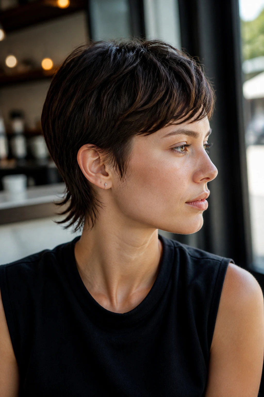 Close-up of a real person with a side-swept micro mullet showing diagonal front.