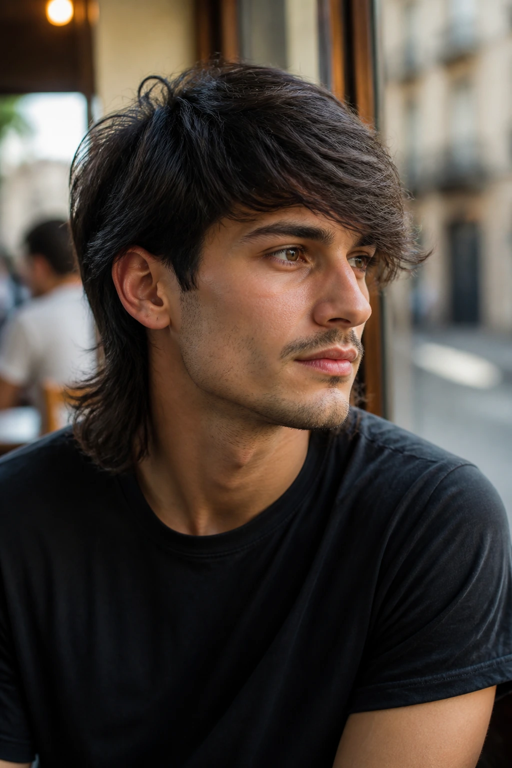 Portrait of a real person with a side-swept mullet by a cafe window.