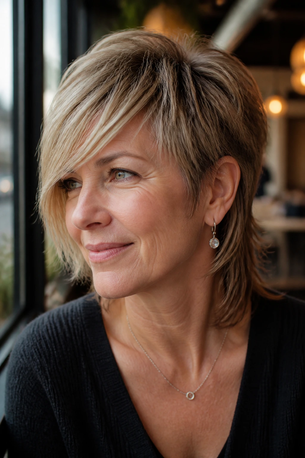 Side-swept fringe mullet close-up portrait in a cafe window setting