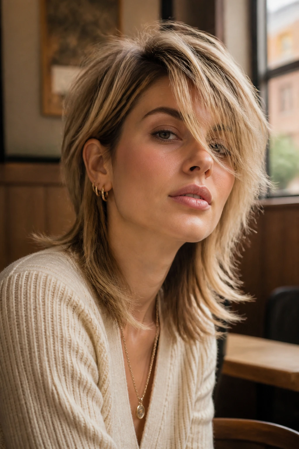 Close-up portrait of a woman with side-swept layer mullet in cafe light