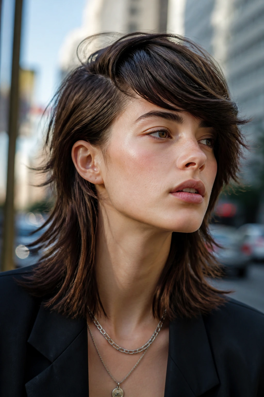 Close-up portrait of real person with side-swept retro shoulder length mullet in urban afternoon light
