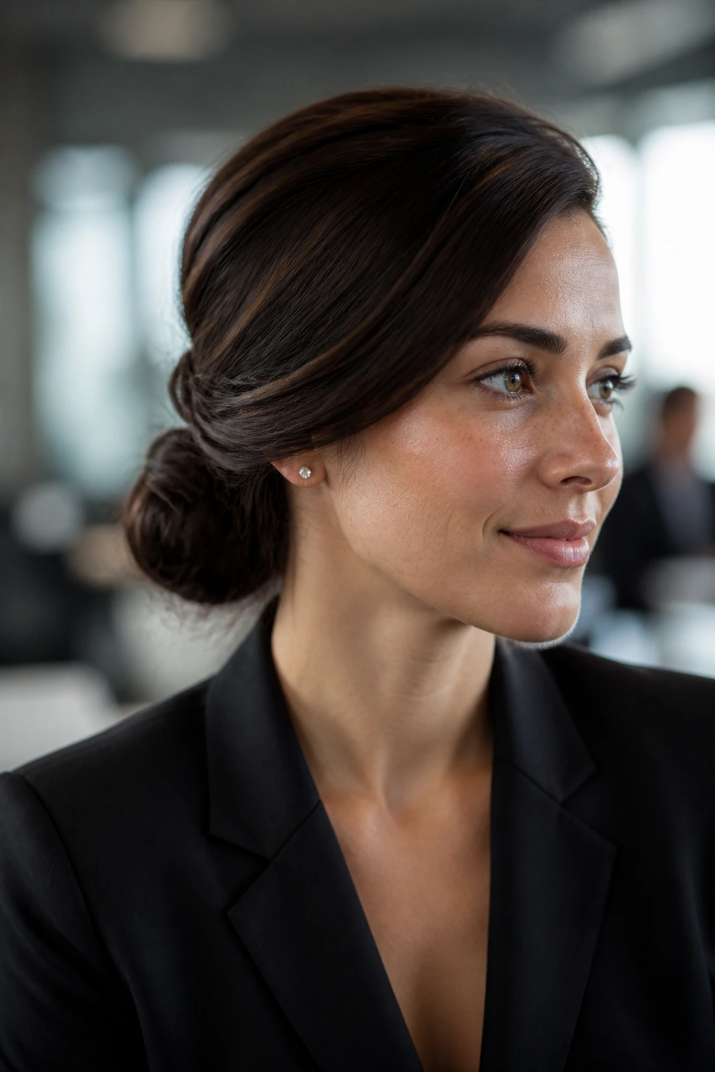 Close-up of a real woman with a side-swept nape bun in a modern office